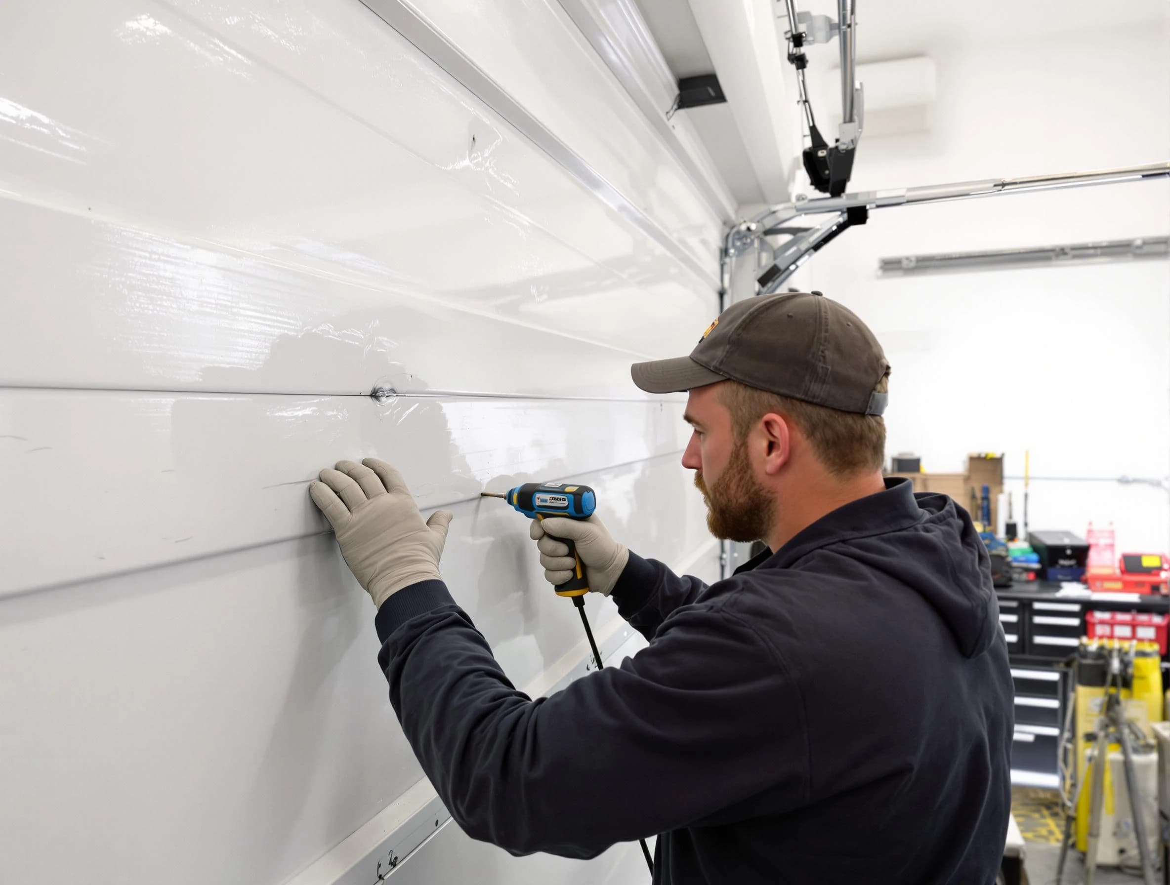 Spring Valley Garage Door Repair technician demonstrating precision dent removal techniques on a Spring Valley garage door