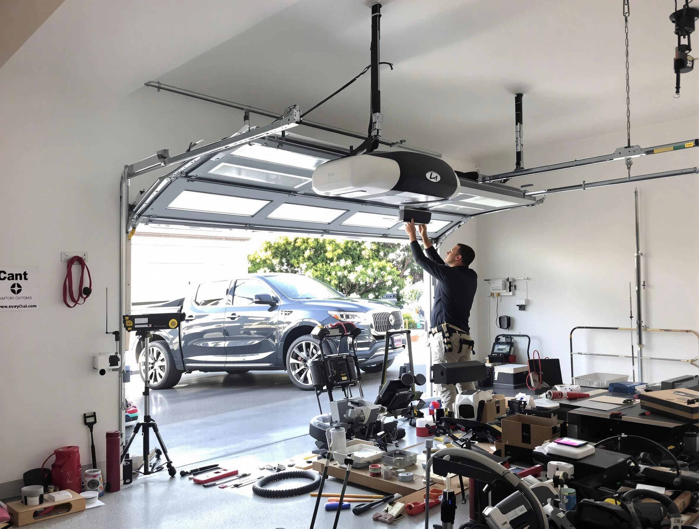 Spring Valley Garage Door Repair specialist installing smart garage door opener system in Spring Valley home